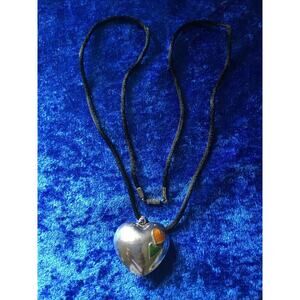 VTG Solid Sterling Silver Puffy Heart Pendant W Cloisonné Flowers 24.2 Gr 1.75”T